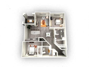 2-bedroom/2-bathroom floor plan layout of 1,146 square feet of space at EOS Orlando apartments for rent