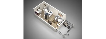 a 3d floor plan rendering of a studio apartment with a patio at Presidio Palms Apartments, Arizona