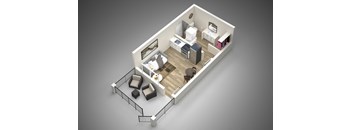 a 3d rendering of a luxury studio apartment with a patio at Presidio Palms Apartments, Arizona