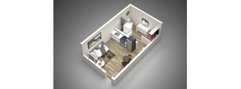 a 3d rendering of a modern studio apartment at Presidio Palms Apartments, Tucson, AZ, 85701