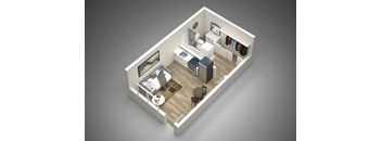 a bedroom with a bed and a dresser in a small room at Presidio Palms Apartments, Arizona, 85701