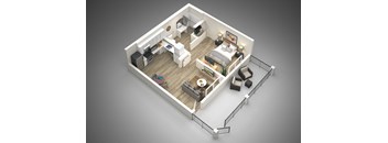 a 3d floor plan of an apartment with a bedroom and living room at Presidio Palms Apartments, Tucson
