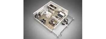 a 3d rendering of one bedroom apartment with a large patio at Presidio Palms Apartments, Arizona