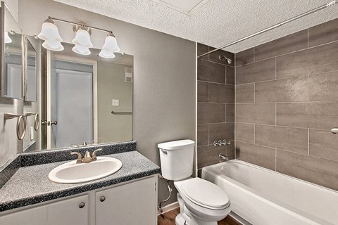 a bathroom with a sink toilet and a bath tub