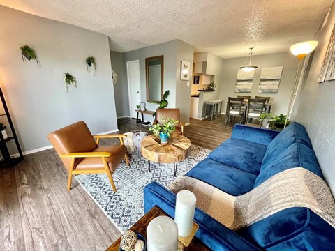 a living room with a couch and a table