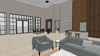 a rendering of a living room with a brick wall and grey couches