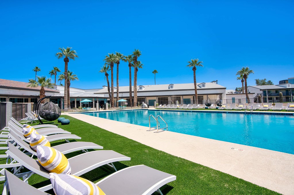a resort style pool with white chairs and palm trees at Presidio Palms Apartments, Tucson