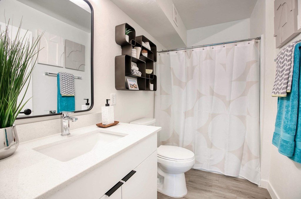 a bathroom with a shower and a toilet and a sink at Presidio Palms Apartments, Tucson, Arizona