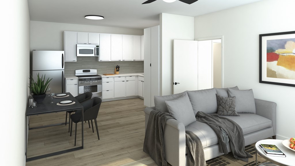 a rendering of a living room and kitchen in a one bedroom apartment at Presidio Palms Apartments, Tucson, AZ, 85701