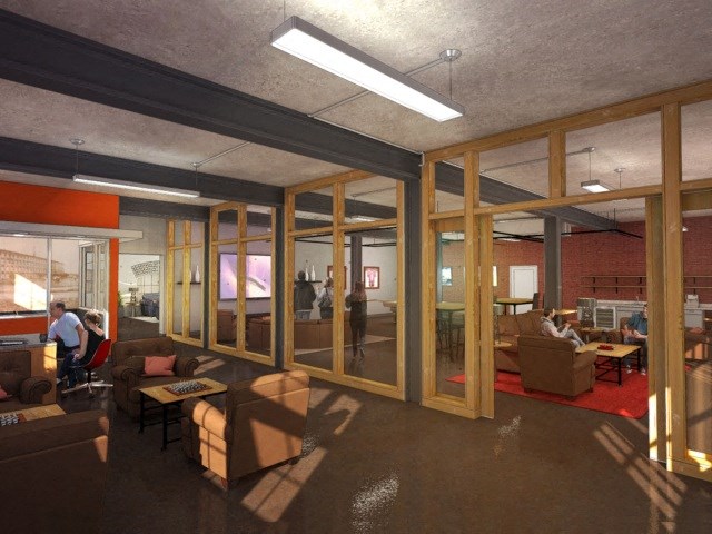 a rendering of a living room with a group of people in it at American Spinning Mill, Greenville, 29609