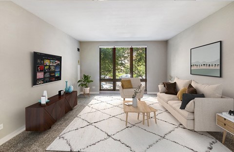 a living room with a white rug and a couch