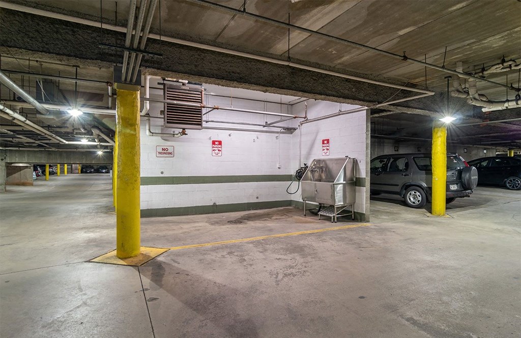 community parking garage with pet wash station