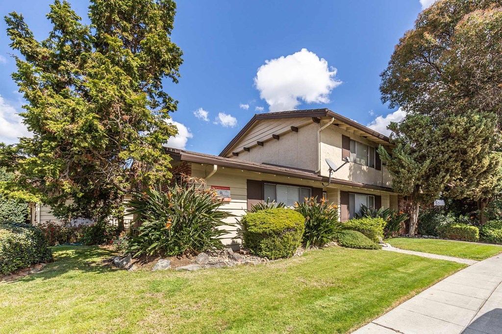 the front of a house with a yard and a sidewalk