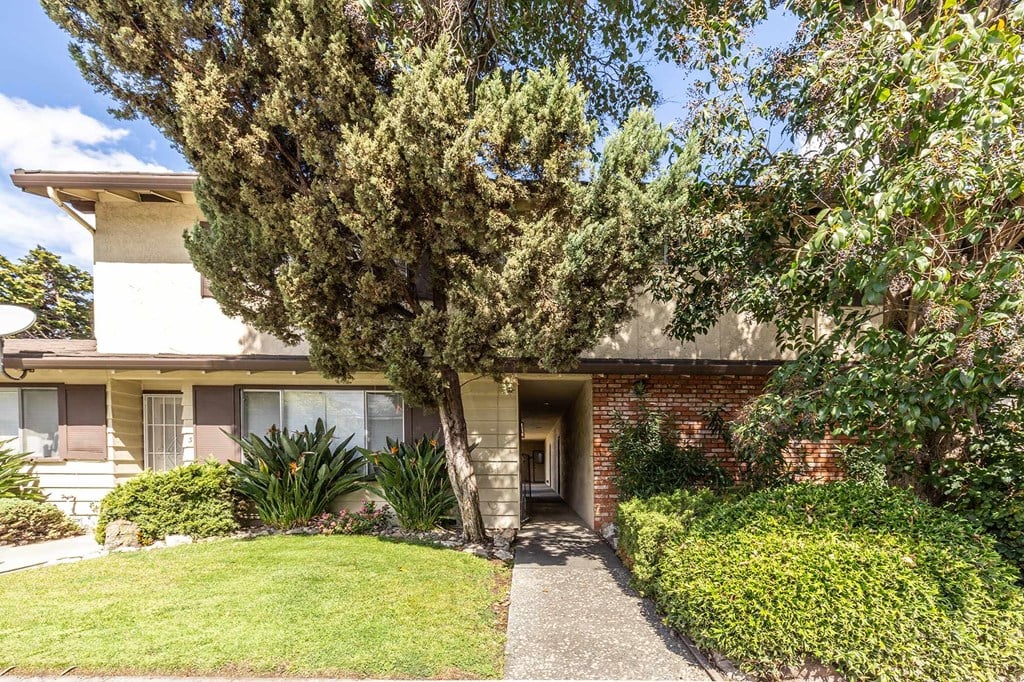 the front of a house with a walkway and a tree