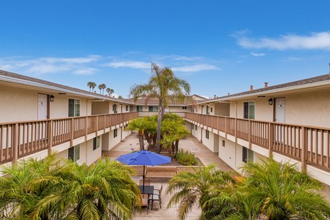 A balcony with a blue umbrella and a pool in the middle of the courtyard.