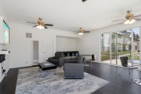 A living room with a grey couch and a rug.
