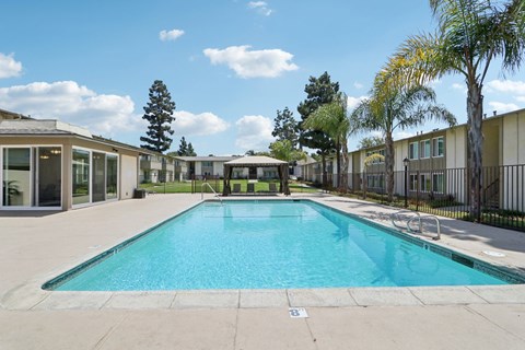 A swimming pool surrounded by trees and buildings.