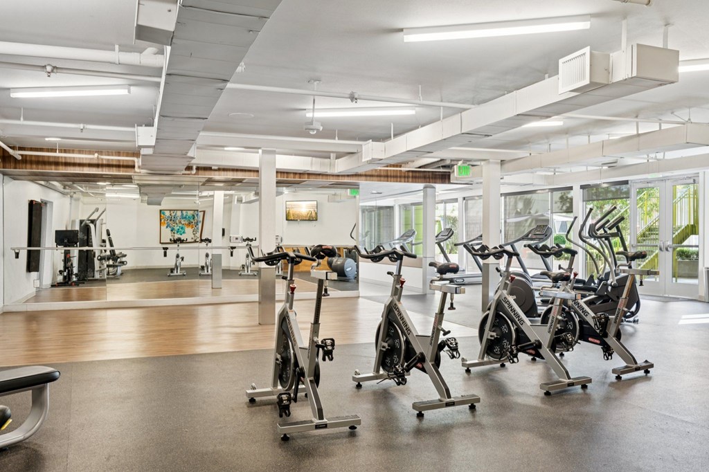 A gym with exercise bikes and other equipment.