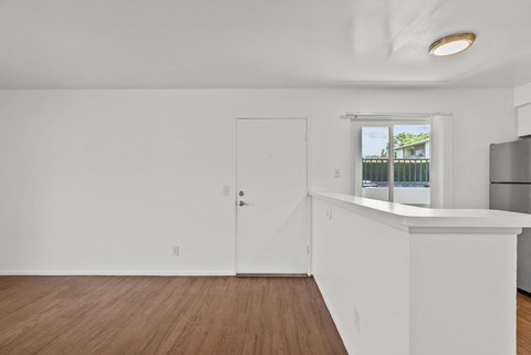 A white kitchen with a wooden floor and a white door.