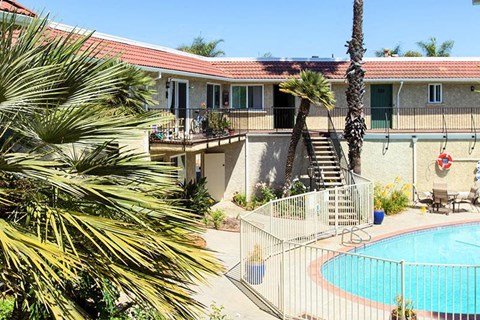 a house with a swimming pool and palm trees