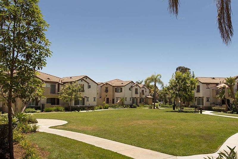 a green lawn in front of some houses