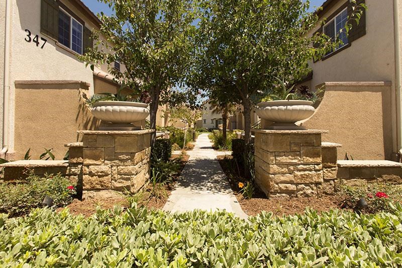 a walkway between two buildings with trees and plants