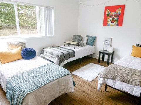 a bedroom with two beds and a painting of a dog