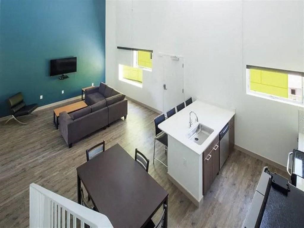overhead shot of kitchen, living and dinning room area