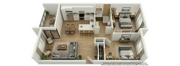 A 3D floor plan of a modern apartment with a living room, kitchen, dining area, and bedrooms.