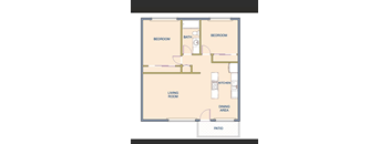 A floor plan of a house with two bedrooms, a living room, a kitchen, a dining area, and a patio.