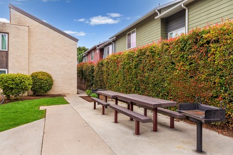 A patio with a picnic table and a grill.