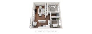 a stylized floor plan with a bedroom and living room