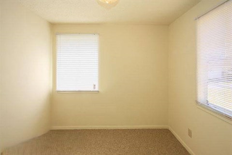 an empty room with a window and a carpet