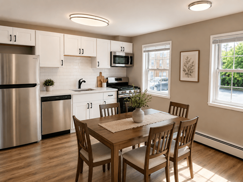 A kitchen with a table and chairs.