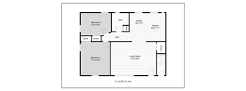 A floor plan of a house with two bedrooms, a living room, a dining room, a kitchen, and a bathroom.