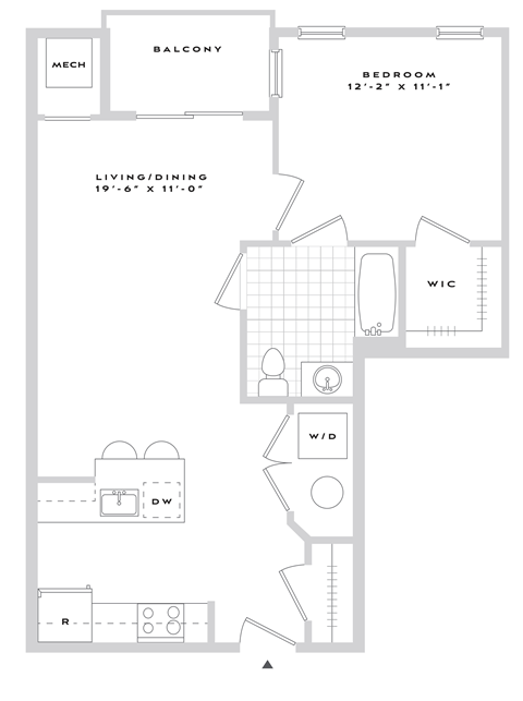 A floor plan of a balcony, bedroom, and living/dining area.