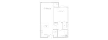 A floor plan of a small apartment with a living/dining area and a bedroom.