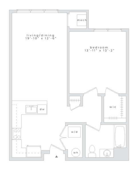 A floor plan of a small apartment with a living/dining area and a bedroom.