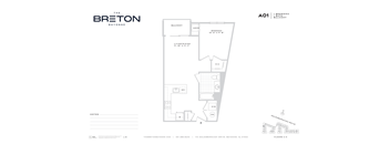 A floor plan for a building named The Breton Bayonne shows a layout with a balcony, living room, dining room, kitchen, and bathrooms.