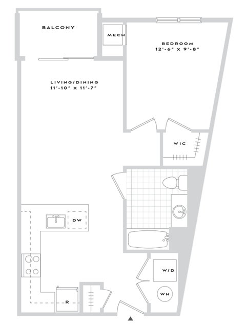 A floor plan of a balcony, living/dining area, and bedroom.