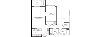 A floor plan of a house with a deck, living/dining room, kitchen, two bathrooms, a bedroom, and a den.