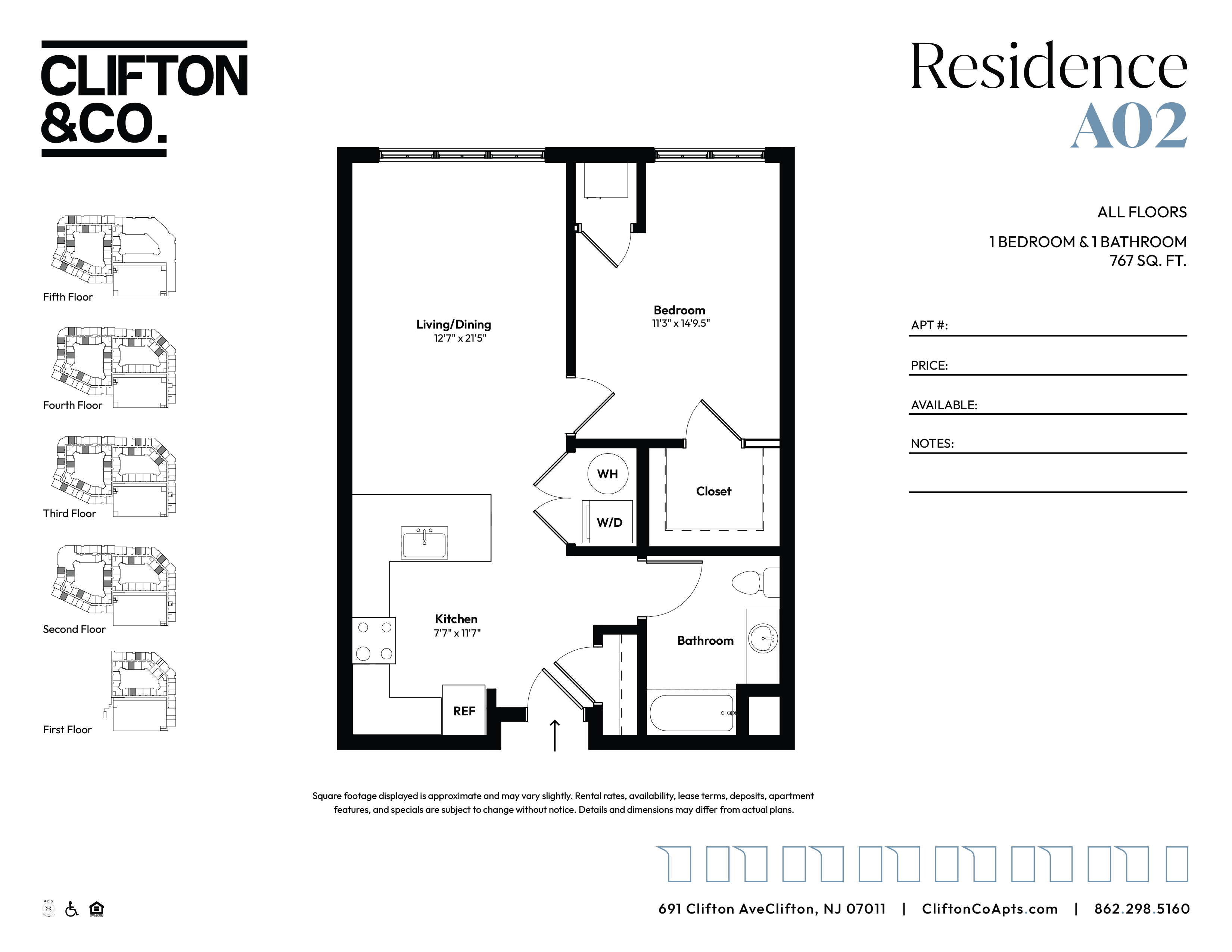 A Clifton & Co. floor plan for a residence A02 showing all floors and available notes.