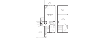A floor plan of a home with a living room, dining room, kitchen, bathroom, and bedroom.