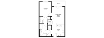 A floor plan of a house with a balcony, bedroom, living/dining room, kitchen, and a mechanical and woodshop area.