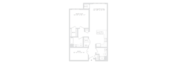 A floor plan of a home with a living/dining area, bedroom, and den.