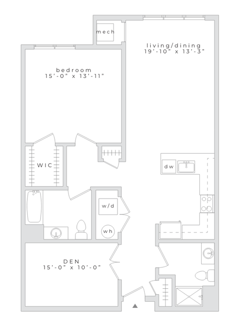 A floor plan of a home with a living/dining area, bedroom, and den.