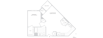 A floor plan of a house with a balcony, living/dining room, bedroom, and kitchen.