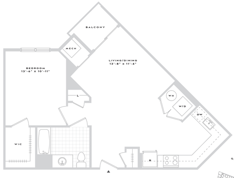 A floor plan of a house with a balcony, living/dining room, bedroom, and kitchen.