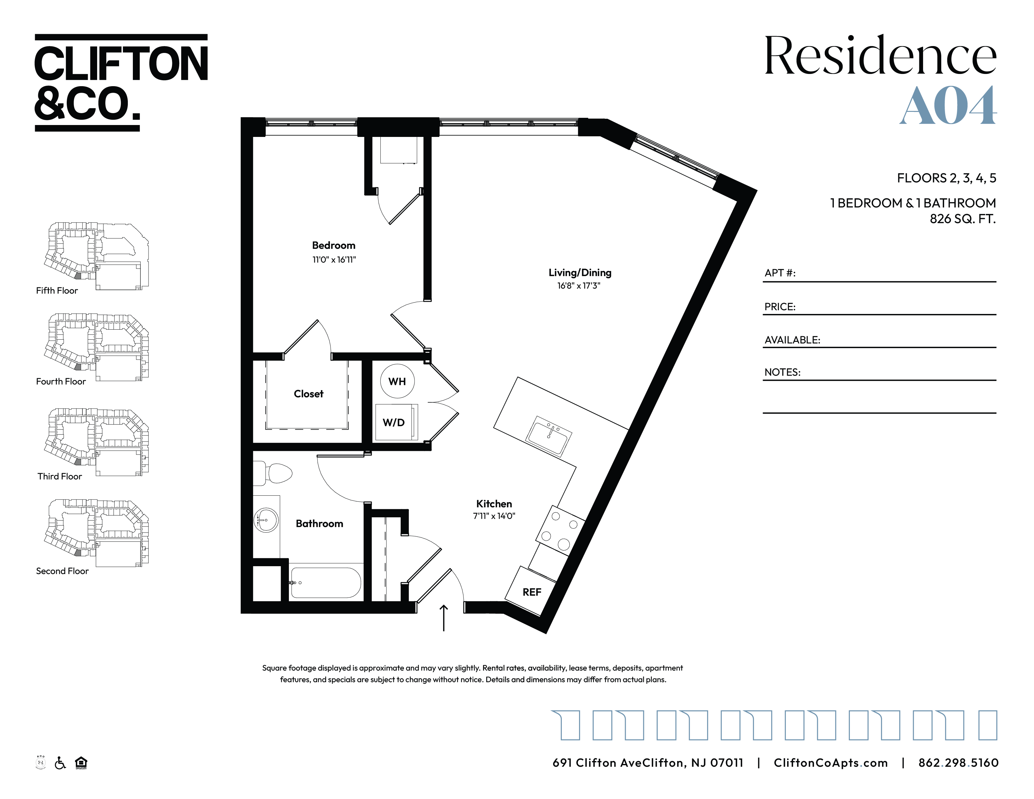 A black and white floor plan for a residence by Clifton & Co.
