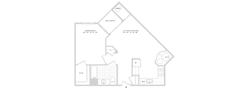 A floor plan of a house with a bedroom, living/dining area, and a balcony.